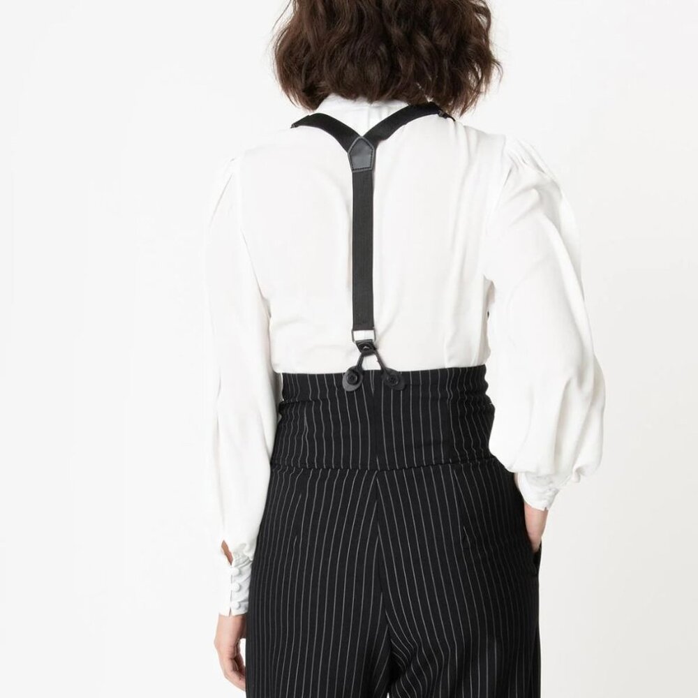 Unique Vintage XL Thelma Black Pinstripe High-Waisted Wide-Leg Pants Suspenders - Picture 2 of 16
